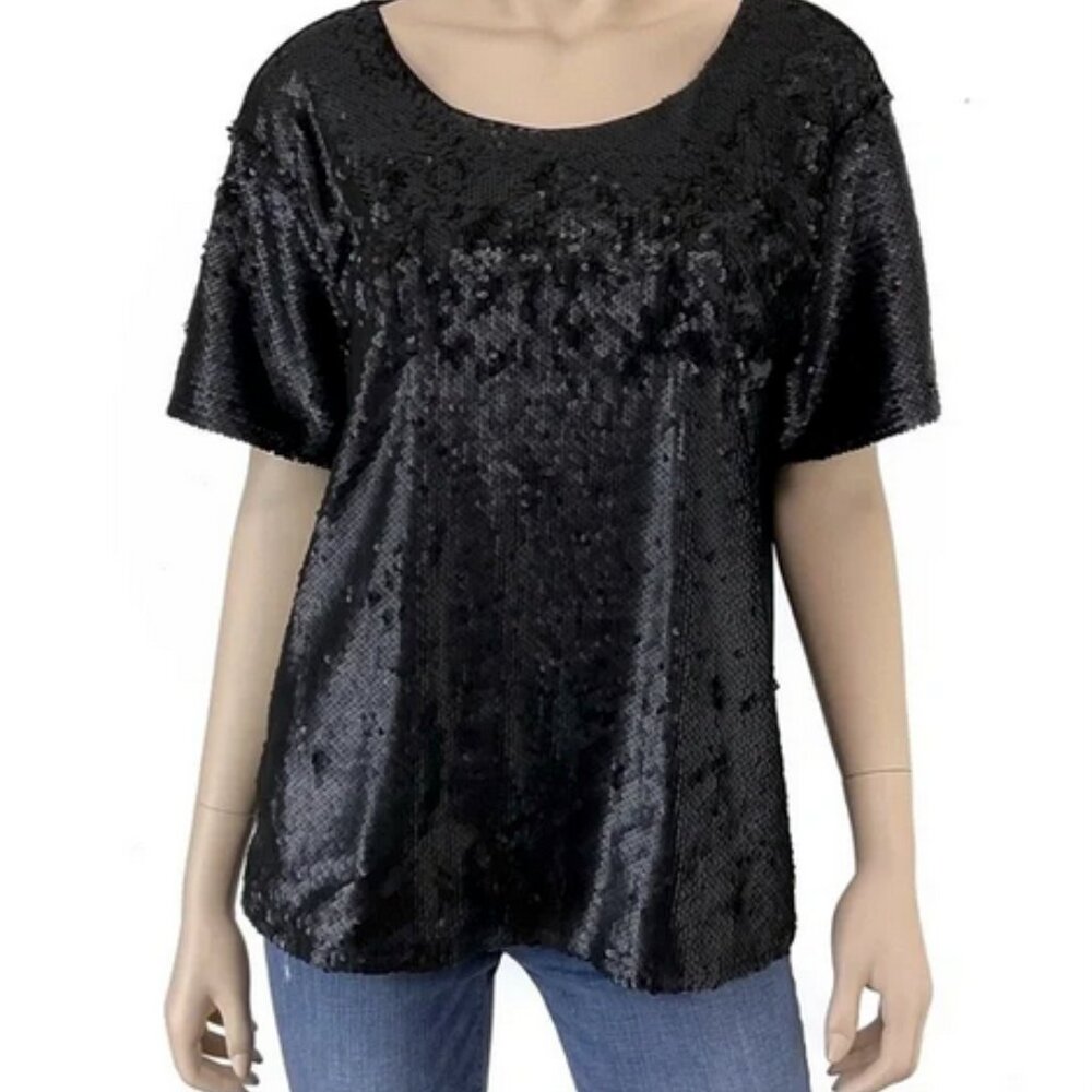 WORTHINGTON Black & Silver Sparkle Sequin Short Sleeve Festive Disco Blouse Sz L